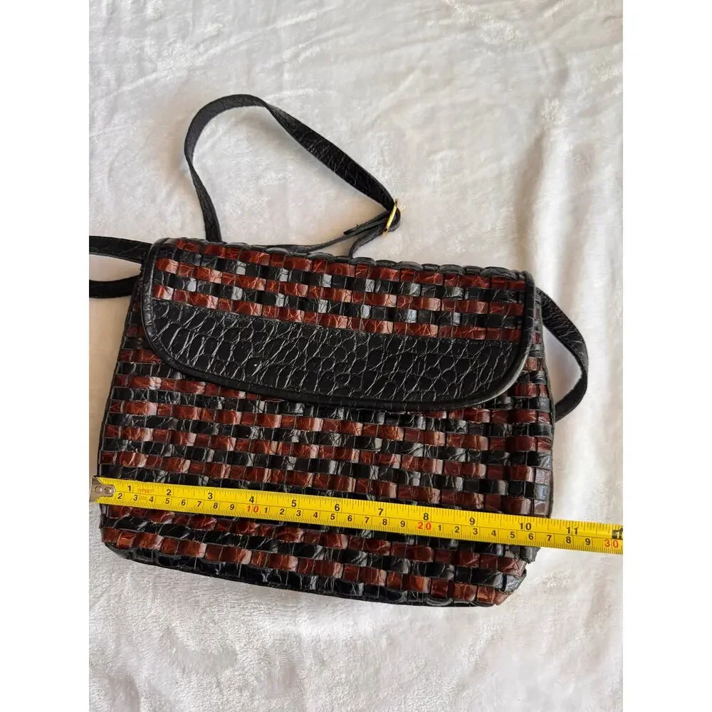 Vintage 80s Cee Klein Woven Leather Crossbody Bag Croc Embossed Purse Brasil